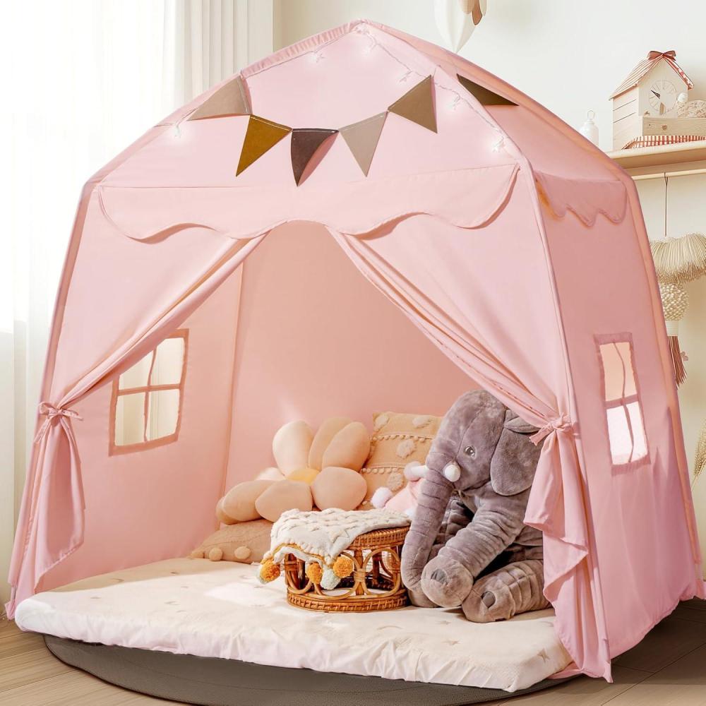 imageExtra Large Toddler Bed Tent ampamp Kids Play Tent Bed Tent with Flags ampamp Star Lights Portable ampamp Foldable Teepee Indoor Outdoor Dome Tent Playhouse 59x39x59 inPinkPink