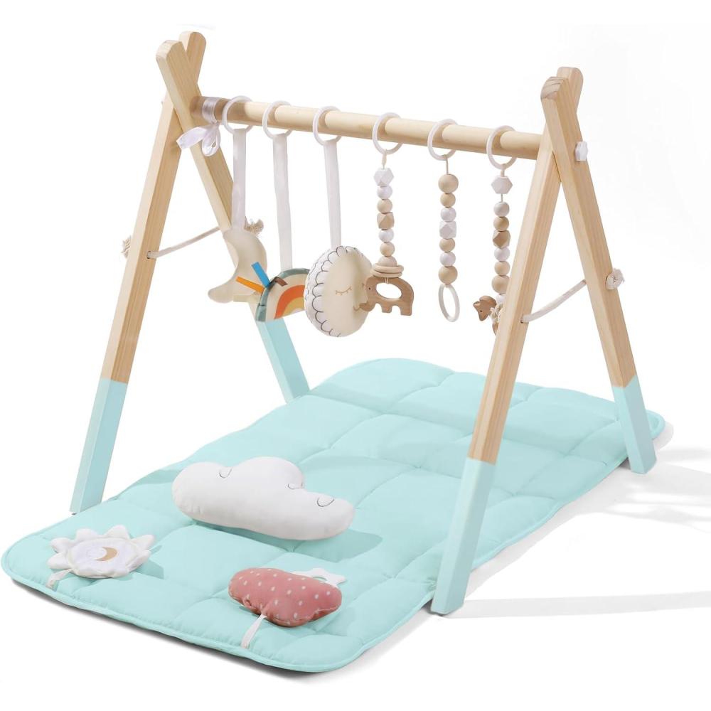 imageFoldable Baby Play Gym with Mat Wooden Play Gym with 9 Sensory Toys Frame Activity Center Natural Pine Wood Montessori Toys Easy to Assemble ampamp Clean Newborn Gift Blue ColorBlue Baby Gym With Mat