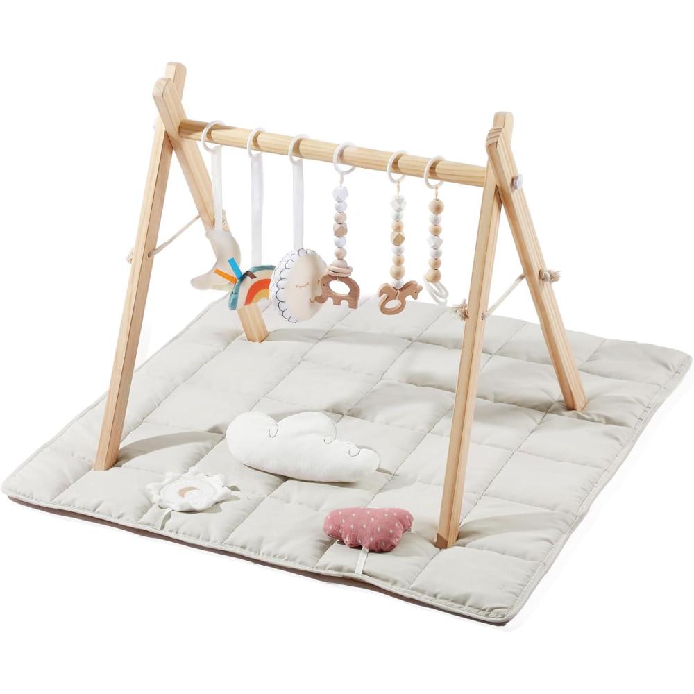 imageFoldable Baby Play Gym with Mat Wooden Play Gym with 9 Sensory Toys Frame Activity Center Natural Pine Wood Montessori Toys Easy to Assemble ampamp Clean Newborn Gift Blue ColorWooden Baby Gym With Mat