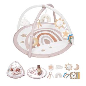 Baby Play Gym Mat, Tummy Time Activity Mat with 7 Detachable Toys and 12 Milestone Cards for Stage-Based Sensory and Motor Skill Development, Washable Play Mats for Infant, Newborn Baby Essentials(Rainbow)