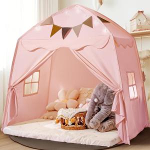 Extra Large Toddler Bed Tent & Kids Play Tent Bed Tent with Flags & Star Lights, Portable & Foldable Teepee, Indoor Outdoor Dome Tent Playhouse, 59x39x59 in,Pink(Pink)