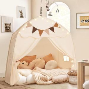 Extra Large Toddler Bed Tent & Kids Play Tent Bed Tent with Flags & Star Lights, Portable & Foldable Teepee, Indoor Outdoor Dome Tent Playhouse, 59x39x59 in,Pink(Cream)