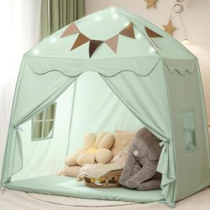 Extra Large Toddler Bed Tent & Kids Play Tent Bed Tent with Flags & Star Lights, Portable & Foldable Teepee, Indoor Outdoor Dome Tent Playhouse, 51x39x51 in, Cream(Green)