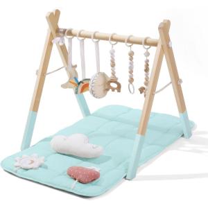 Foldable Baby Play Gym with Mat, Wooden Play Gym with 9 Sensory Toys, Frame Activity Center, Natural Pine Wood, Montessori Toys, Easy to Assemble & Clean, Newborn Gift, Blue Color(Blue Baby Gym With Mat)