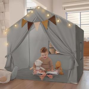 Kids Play Tent, Large Kids Playhouse with String Lights and Flag Garland, Bed Tent with 2 Windows, Machine Washable Reading Nook, Indoor & Outdoor, Perfect Present for Girls & Boys, 52x35x51 in, Gray