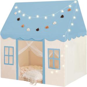 Large Kids Tent with mat, Star Lights, Tissue Garland, Play Tent Indoor & Outdoor, Kids Play Tent for Girl & Boy Aged 3+, Kids Tent for Toddler, 52″ x35″ x 52″ Play House with Windows, Washable, Pink(Blue Play Tent)