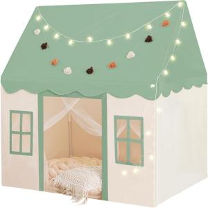 Large Kids Tent with mat, Star Lights, Tissue Garland, Play Tent Indoor & Outdoor, Kids Play Tent for Girl & Boy Aged 3+, Kids Tent for Toddler, 52″ x35″ x 52″ Play House with Windows, Washable, Pink(Green Play Tent)