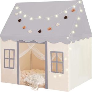 Large Kids Tent with mat, Star Lights, Tissue Garland, Play Tent Indoor & Outdoor, Kids Play Tent for Girl & Boy Aged 3+, Kids Tent for Toddler, 52″ x35″ x 52″ Play House with Windows, Washable, Pink(Grey Play Tent)
