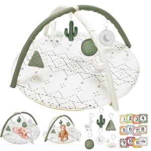 Tummy Time Mat with 6 Toys, Macrame Baby Play Mat for Newborn, Baby Gym with 12 Milestone Cards, Stage-Based Sensory and Motor Skill Development Baby Play Gym, Non Slip Mat Washable, Khaki(Green)