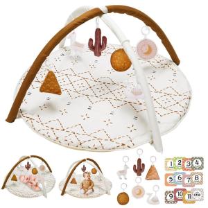 Tummy Time Mat with 6 Toys, Macrame Baby Play Mat for Newborn, Baby Gym with 12 Milestone Cards, Stage-Based Sensory and Motor Skill Development Baby Play Gym, Non Slip Mat Washable, Khaki(Macrame)