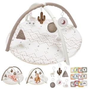 Tummy Time Mat with 6 Toys, Macrame Baby Play Mat for Newborn, Baby Gym with 12 Milestone Cards, Stage-Based Sensory and Motor Skill Development Baby Play Gym, Non Slip Mat Washable, Khaki(Khaki)