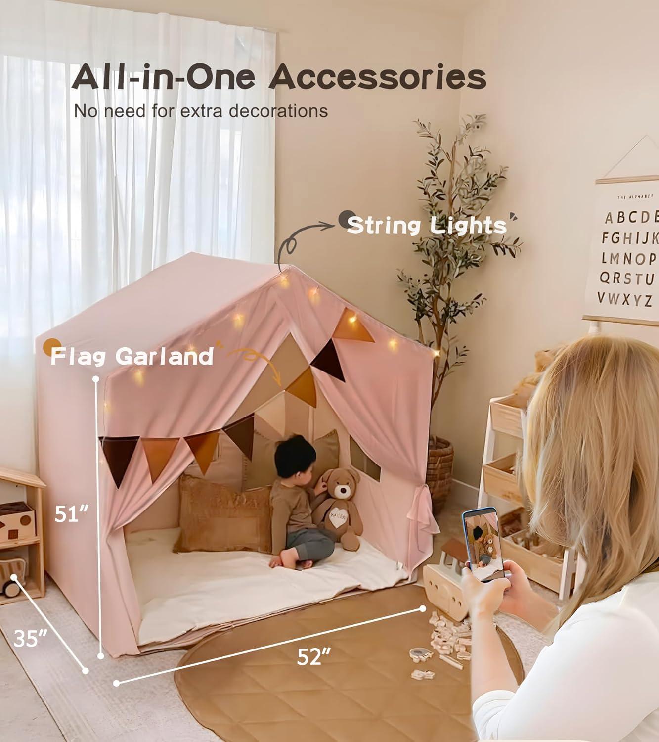 imageKids Play Tent Large Kids Playhouse with String Lights and Flag Garland Bed Tent with 2 Windows Machine Washable Reading Nook Indoor ampamp Outdoor Perfect Present for Girls ampamp Boys 52x35x51 in Pink