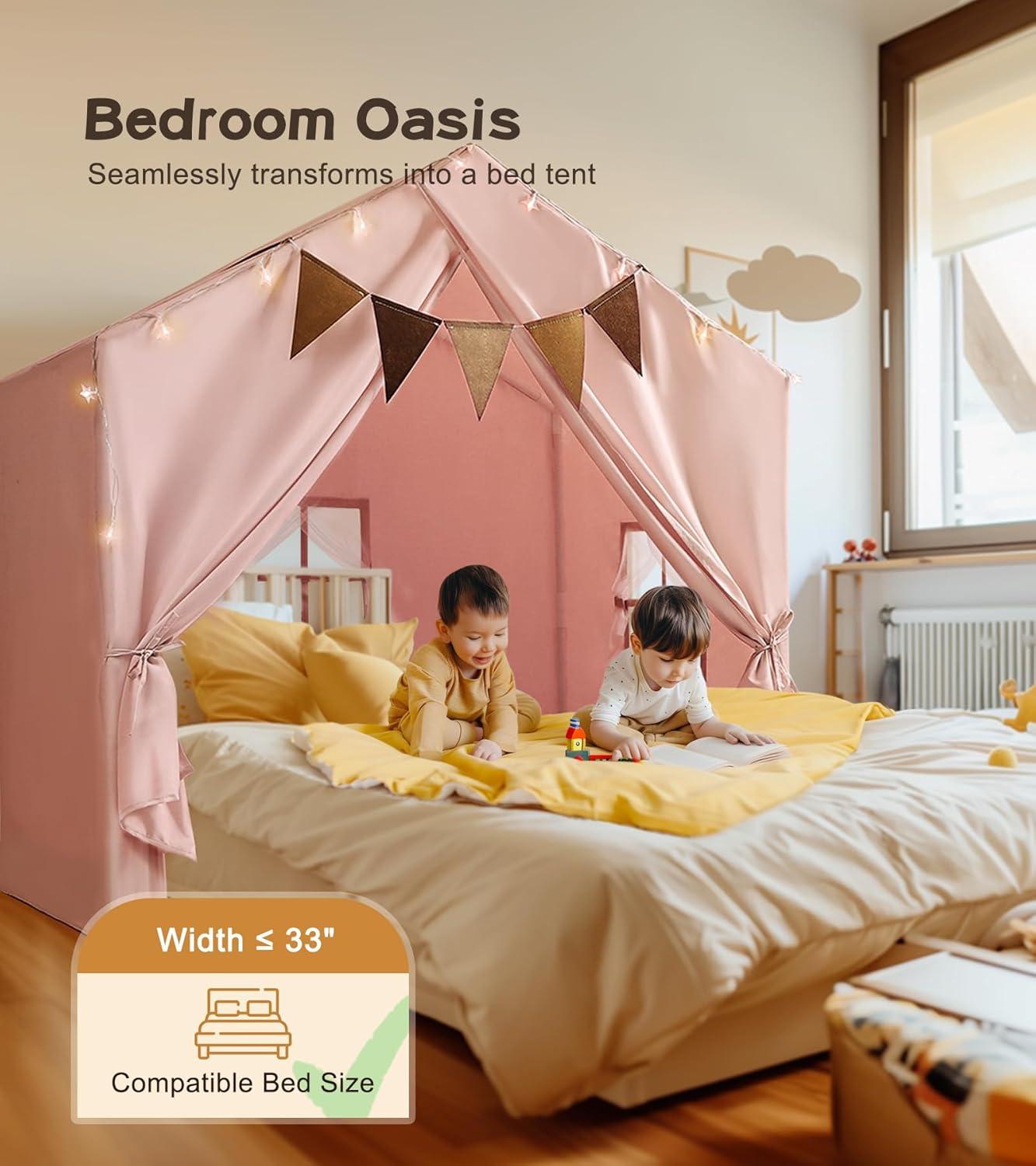 imageKids Play Tent Large Kids Playhouse with String Lights and Flag Garland Bed Tent with 2 Windows Machine Washable Reading Nook Indoor ampamp Outdoor Perfect Present for Girls ampamp Boys 52x35x51 in Pink