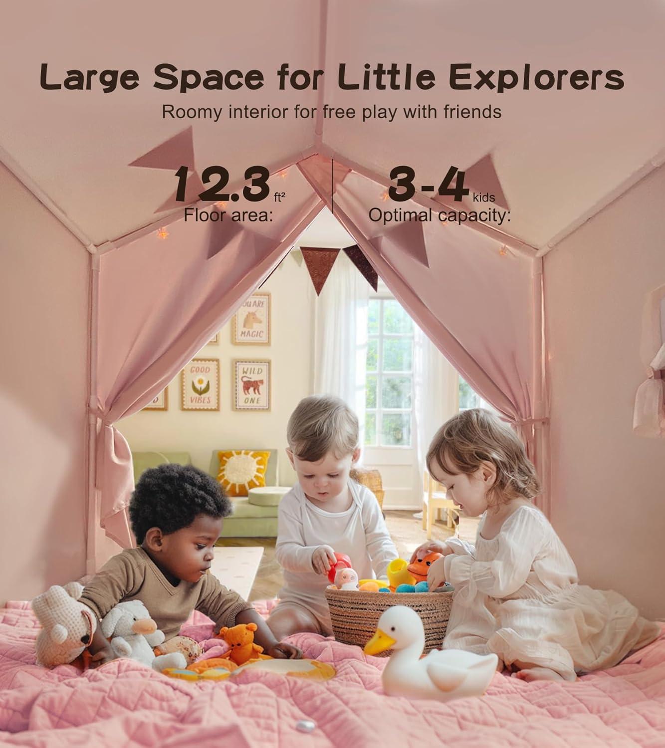 imageKids Play Tent Large Kids Playhouse with String Lights and Flag Garland Bed Tent with 2 Windows Machine Washable Reading Nook Indoor ampamp Outdoor Perfect Present for Girls ampamp Boys 52x35x51 in Pink