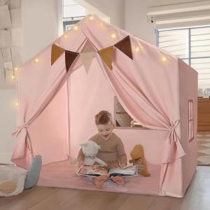 Kids Play Tent, Large Kids Playhouse with String Lights and Flag Garland, Bed Tent with 2 Windows, Machine Washable Reading Nook, Indoor & Outdoor, Perfect Present for Girls & Boys, 52x35x51 in, Pink